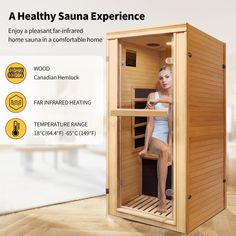 a woman sitting in a sauna with instructions on how to use it