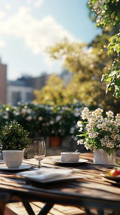 the table is set with two cups and saucers on it, next to some flowers