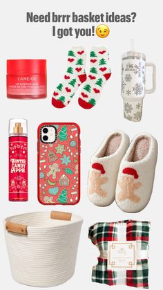 christmas items are arranged in the shape of a basket, phone case, and cup