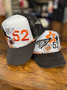 Custom School Spirit Trucker Hat – Hissy Fit Boutique Football Accessories Ideas, Trucker Hat Bar Ideas, Bling Hats, Hat Bar, Jersey Numbers, Hissy Fit, Patch Hats, Sports Hats, Football Accessories