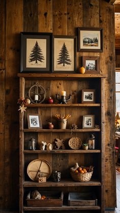 an old wooden shelf with pictures and other items on it in a rustic cabin style living room