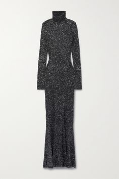 Sparkle from head to toe in Balenciaga's maxi dress, which is decorated with scores of light-catching sequins. Made from stretch-knit, it has a high neckline and forms to your figure before falling to a gently flared hem. Amplify the glamour with statement earrings. Luxury Turtleneck Winter Dress, Luxury Winter Turtleneck Dress, Luxury Knit Maxi Dress, Luxury Stretch High-neck Maxi Dress, Luxury Black Knit Dress, Turtleneck Dress Sleeveless, Balenciaga Clothing, Knit Gown, Balenciaga Women