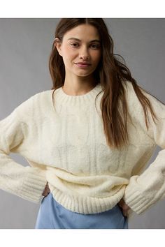 Cozy cable knit with a cashmere feel/Crew neck/Ribbed collar, cuffs & hem/This sweater is Real Good: made with the planet in mind and a promise to continue to do better White Jeans Men, Athletic Fit Jeans, American Eagle Sweater, Cable Sweater, Costume Shop, Women Denim Jeans, Mens Outfitters, Cable Knit Sweater, Softest Sweater