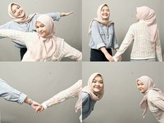 four different pictures of a woman in hijab pointing at something with both hands