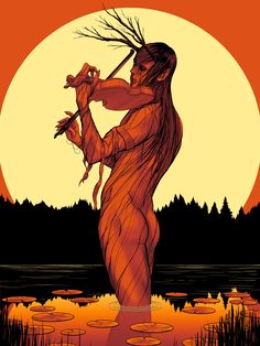 an illustration of a woman holding a stick in front of a sunset with trees and water