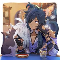 an anime character sitting at a table with a cat on her lap and a drink in front of her