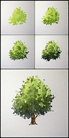 four different views of a tree with green leaves