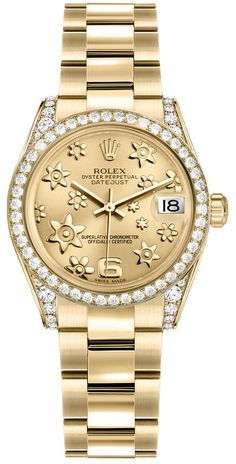 178158 | 178158-0091 ROLEX DATEJUST 31 LUXURY WOMEN'S WATCH - With Manufacturer Serial Numbers - Swiss Made - Champagne Dial with Floral Motif - 48 Diamonds Set on Bezel - 24 Diamonds Set on Lugs - Date Feature - 48 Hour Power Reserve - Self-winding Automatic Movement - Rolex Caliber 2235 - Vibrations Per Hour: 28,800 - Jewels: 31 - 6 Year Warranty - Guaranteed Authentic - Certificate of Authenticity - Manufacturer Box & Manual - Polished with Brushed Solid 18k Yellow Gold Case & Oyster Bracelet - Scratch Resistant Sapphire Crystal - 100 Meters / 330 Feet Waterproof - 31mm = 1 1/4" Case, 6" Adjustable Bracelet - Inlet Size: 16mm - Bidirectional Rotating Bezel - Screw Down Crown & Case Back - Deployment Buckle - Free Bracelet Sizing     Also Known As Model # 178158-CHPFO Rolex Floral Dial, Diamond Rolex Women, Rolex Datejust Women, Rolex Diamond, Gold Diamond Watches, Rolex Women, Oyster Perpetual Datejust, Expensive Watches, Oyster Bracelet