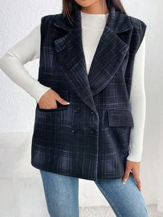 Plaid Double Breasted Vest Blazer Navy Blue Casual  Sleeveless Tweed Plaid vest Non-Stretch  Women Clothing, size features are:Bust: ,Length: ,Sleeve Length: Double Breasted Vest, Women Blazers, Plaid Vest, Navy Blue Blazer, Vest Blazer, Rocker Chic, Styl Vintage, Blazers For Women, Suits For Women