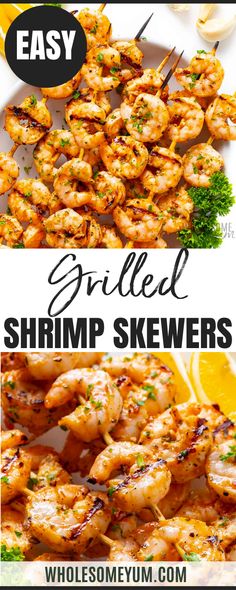 grilled shrimp skewers on a plate with lemon wedges