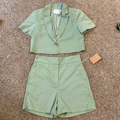 Beautiful Set Of Short And Short Sleeves Blazer. Blazer: Bust 19” Length 17” Shorts: Waist 15” Length 17” Rise 13.5” Cotton Sets For Spring Workwear, Casual Tailored Sets With Pockets, Spring Short Sets With Pockets, Workwear Sets With Pockets And Short Shape, Fitted Green Sets With Pockets, Tailored Casual Summer Sets, Fitted Short-length Sets For Day Out, Short Sets With Pockets For Spring, Fitted Short Length Sets For Day Out