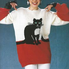 This is a vintage knitting pattern in PDF file of a beautiful and funny cat pullover. You can buy the full ebook using this link https://www.etsy.com/listing/1592189676 Size chart, measurements, yarn, needles  can be found in the photos. Due to the age of the pattern, the original yarn suggested may not be available.   It is recommended to crochet/knit a tension square with your chosen yarn, before starting, to ensure the finished garment or item is the size you require.  Available language: English. How will you receive the knitting pattern? The process is super easy. Purchase PDF file will be available to download immediately after your payment has cleared with Etsy. Your file will be available to download at http://www.etsy.com/your/purchases How to view the downloaded file? Downloaded 80s Sweater Dress, Abstract Sweaters, Cat With Sweater, Sweater Knitting Designs, Abstract Sweater, Look 80s, Jumper Patterns, Cat Sweater, 80s Sweater