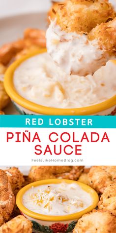 red lobster pina colada sauce in a yellow and white bowl with dipping sauce