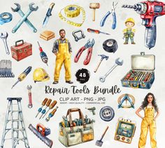 watercolor repair tools clipart set with man and woman in overalls, construction equipment