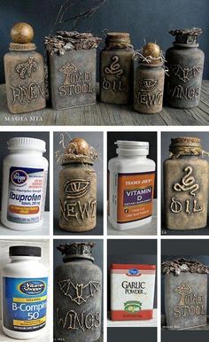 many different jars with writing on them