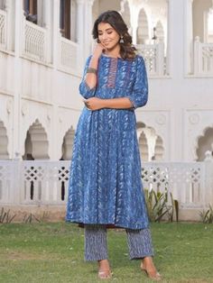 Jaipur Kurti Ethnic Skirts : Buy Jaipur Kurti Women Blue Maxi Flared Skirt With Pink And Golden Khadi Print Online|Nykaa Fashion Simple Kurta, Blue Kurta, Simple Kurta Designs, Kurta Designs