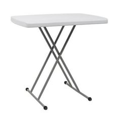 an ironing board with wheels on the legs and a table top that is white