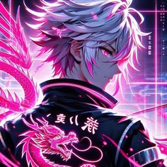 an anime character with white hair and blue eyes, wearing black clothes in front of pink neon