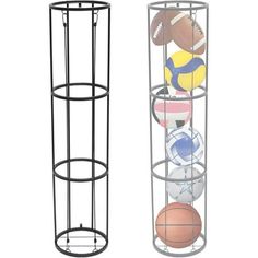 two metal racks with different types of sports balls on them, one is black and the other is white