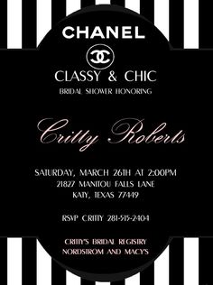 a black and white striped party card with the words, classy & chic