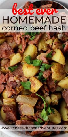 the best ever homemade corned beef hash browns in a white bowl with parsley on top