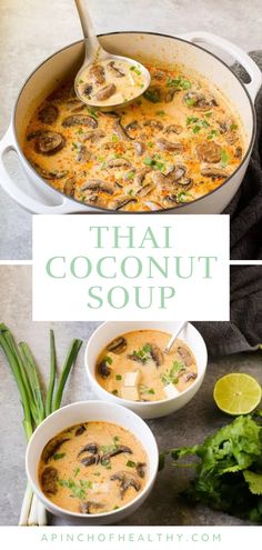 Overhead view of a pot of Thai coconut soup and two soups bowls filled with the soup. Thai Soup Recipes, Coconut Chicken Soup, Coconut Soup Recipes, Soup With Coconut Milk, Thai Coconut Soup, Tom Kha Gai, Tom Kha, Coconut Milk Soup