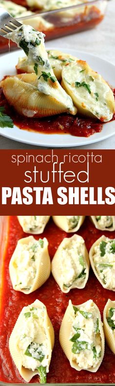 spinach ricotta stuffed pasta shells on a plate with sauce and parmesan cheese