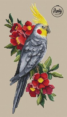 a bird sitting on top of a branch with red and yellow flowers in front of it