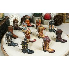 "This cowboy boots keychains are made of high quality polyresin, hand painted and polished individually.  This cowboy boot keychain sculptures each measures approximately 2.25\" tall, 2\" wide and 0.5\" deep. Together they weigh about 13 ounces.  Our curated collection of boots present quality, affordable luxury designer home treatment/dcor designs that exemplify the rustic western style! These beautiful exotic boots showcases unique faux tooled leather designs on resin medium, miniaturized into Cowboy Centerpiece Ideas, Cowboy Boot Keychain, Cowboy Centerpieces, Diy Western Jewelry, Boot Keychain, Teacher Gifts From Class, Diy Western, Spring Luncheon