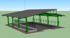 a 3d rendering of a train station in the middle of an area with green pillars and railings