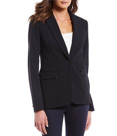 Elegant Calvin Klein Formal Blazer, Calvin Klein Single Breasted Formal Blazer, Calvin Klein Formal Single-breasted Blazer, Calvin Klein Classic Single Button Blazer, Classic Calvin Klein Single Button Blazer, Calvin Klein Classic Blazer With Notch Lapel, Calvin Klein Notch Lapel Business Casual Blazer, Classic Calvin Klein Blazer For Work, Elegant Tailored Calvin Klein Blazer