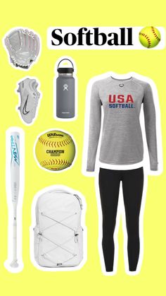 the softball uniform is displayed in yellow and white with other items including a baseball bat, glove