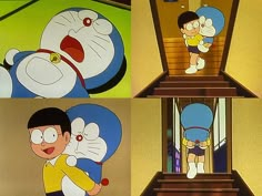 cartoon characters with different facial expressions on their faces and in the background, an animation character holding onto another character's head