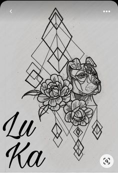 a black and white drawing of a dog with flowers on it's chest, next to the words luka