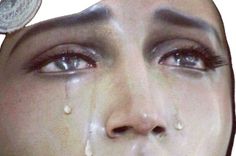 a woman's face with water dripping from her nose and the image of a bird perched on top of her head