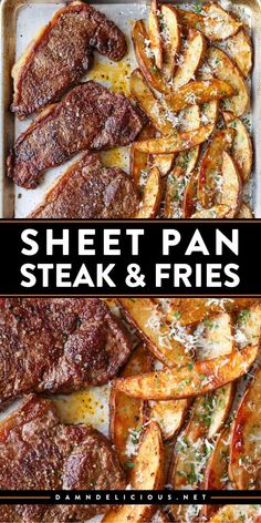 Looking for family-friendly dinners? Your rotation of main course ideas must have this Sheet Pan Steak and Fries! Complete with garlic parmesan potato wedges, this one pan steak recipe is delicious! Meat And Sides Dinner Ideas, Steak And Veggies Sheet Pan, One Pan Dinners Beef, Easy Steak Recipes Dinners, Sheet Pan Steak Bites And Potatoes, Flank Steak Dinner Ideas Easy Recipes, What To Do With Steak, Pan Steak Recipes, Strip Steak Dinner Ideas