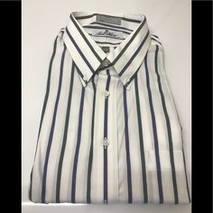 Bill Blass Signature Long Sleeve Dress Shirt Nwt 18/36. White, Green, And Blue Stripes Casual White Dress Shirt For Spring, Fitted White Dress Shirt For Spring, White Classic Dress Shirt For Spring, Classic White Dress Shirt For Spring, Elegant Striped Short Sleeve Shirt, Classic White Shirt For Spring, White Short Sleeve Dress Shirt For Spring, Classic Green Dress Shirt For Summer, Bill Blass