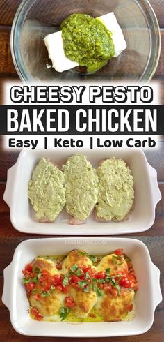 two plates with different types of food on them and the words cheesy pesto baked chicken easy keto low carb