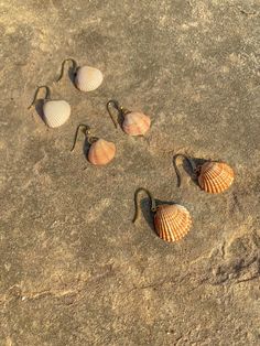 four seashells are laying on the sand and one is dangling from ear hooks