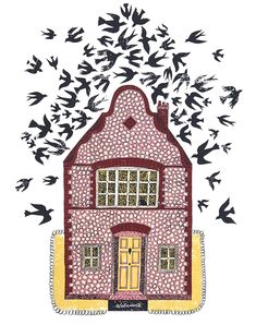 a drawing of a house surrounded by birds