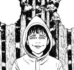 a black and white drawing of a boy wearing a hoodie standing in front of a fence