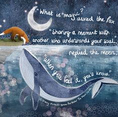 a painting of a whale and a fox in the water with words written on it