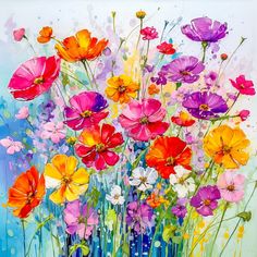 a painting of colorful flowers on a white background