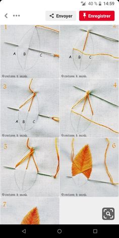 four pictures showing how to make an origami leaf with yarn and scissors on it