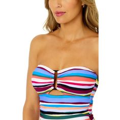 Look radiant at the beach in summer style with our Strapless Bandeau Keyhole Shirred One Piece Swimsuit. This vibrant one piece swimsuit features our bright striped pattern, a flattering strapless bandeau cut, shirred details, and a keyhole cutout for extra flair. The removable, adjustable neck strap and removable cups offer customizable support while giving you two looks to choose from. Whether you're sunbathing or taking a refreshing dip in the pool, this one piece will have you looking and fe Multicolor Bandeau Swimwear For Beach, Summer Bandeau Tankini For Sunbathing, Multicolor Bandeau Swimwear For Beach Season, Beachwear Multicolor Bandeau Swimwear, Beachy Bandeau Tankini For Beach Season, Beachy Strapless Swimwear For Poolside, Multicolor Bandeau Swimwear For Pool, Beachy Strapless Swimwear For Sunbathing, Summer Bandeau Tankini For Beach Season