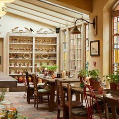 a dining room table with chairs and potted plants