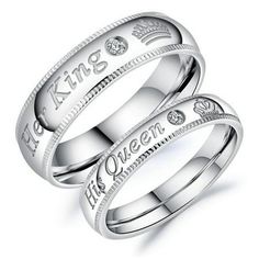 two wedding rings with the words king and queen engraved on each one in white gold