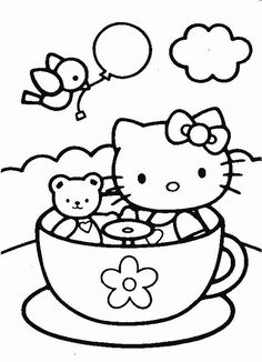 hello kitty coloring pages for kids to print out and color with the cat in the cup