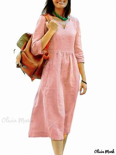 Olivia Mark - Loose Linen-Cotton Blend Casual Dress with Three-Quarter Sleeves and Side Zipper European Dress, Mid Length Sleeves, Cotton Linen Dresses, Cotton Dress Summer, Half Sleeve Dresses, Sleeves Clothing, Loose Outfit, Midi Dress With Sleeves, Daily Dress