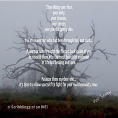 a poem written in front of a bare tree on a foggy day with the words, stop holding your face, your body, your dreams, your